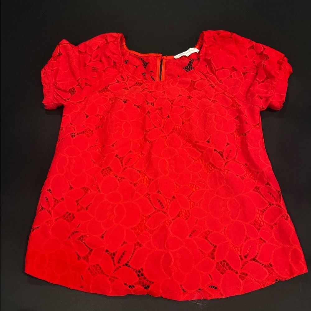 Monteau Vibrant Red Lace Blouse Preppy Coquette Minimalist Vintage